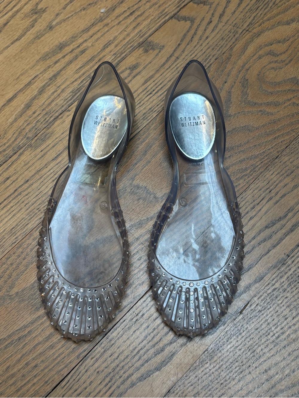 Stuart Weitzman Women's Clear Jelly Flats with rhinestone accents 8.5